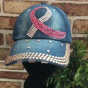WOMEN'S BREAST CANCER AWARENESS PINK RIBBON BLING DISTRESSED DENIM BASEBALL CAP
